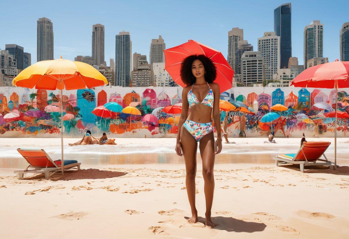 A vibrant beach scene showcasing diverse urban fashion influences in summer beachwear, featuring models of different ethnicities wearing trendy two-piece swimsuits juxtaposed with city elements like graffiti walls and skyscrapers in the background. Sunlight sparkles on the water, and colorful beach umbrellas dot the sands while urban art adds depth. super-realistic. vibrant colors. white background.